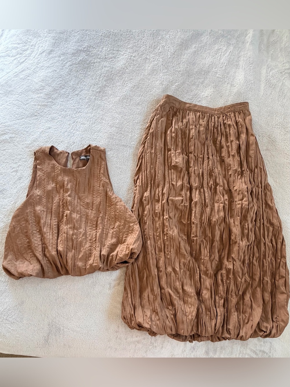 Zara Women’s Brown Textured Balloon Hem Skirt and Top Set Size S